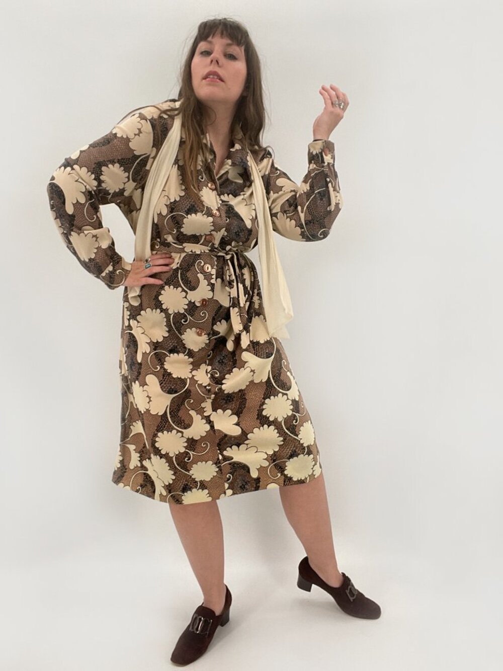 Vintage Novelty Print 70s does 20s Brown Printed Belted Dress | Size M-XL
